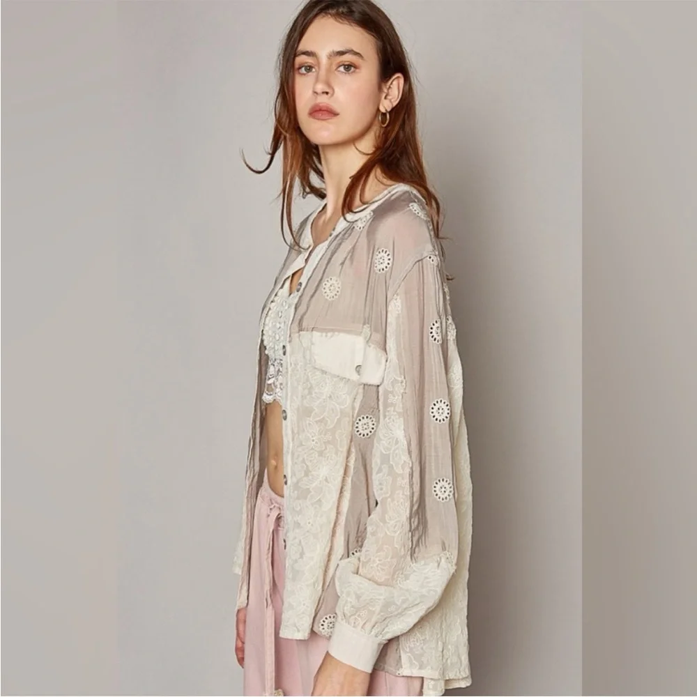 POL Eyelet Lace Button-Up Blouse - - Picture 5 of 9